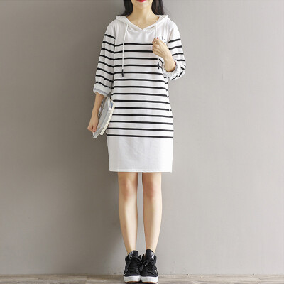 

CITYPLUS Mori Faculty of Arts and Crafts Wind Striped Striped Hooded Art Dresses Women CWQZ171150 Black and White Striped M