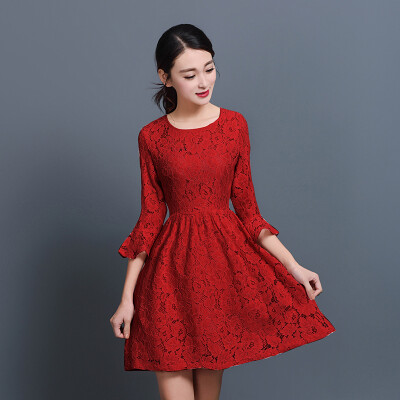 

KuoyiHouse 7010 lace dress Korean round neck collar waist Slim was thin female nine points speaker sleeve lace skirt white