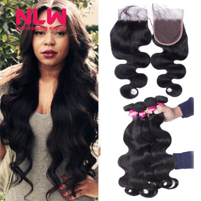 

N..W. 10A Brazilian virgin human hair 4 bundles with closure Body wave hair weaves with closure