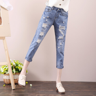 

City plus CITYPLUS Arts Fan loose loose broken hole Harlan beggars pants casual jeans CWKN173256 light blue M