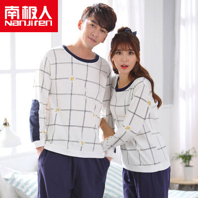 

Antarctic (Nanjiren) cotton pajamas home service men and women couples pajamas can wear long sleeves sets of cotton leisure home service suit male white big grid