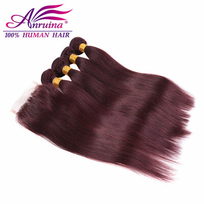

Top 99J Peruvian Virgin Hair With Closure Straight Human Hair Weave With Closure Red Wine 3 Bundles With Closure 4x4
