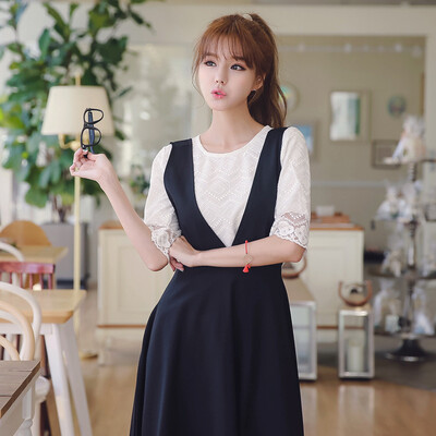 

Long Yue Women&39s College Wind Two-piece Dress Pleated Lace Bottom Tunic Stretch Tie Dress LWZETZ1604 White
