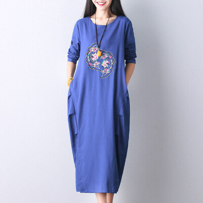 

MAXWAY Women&39s 2017 Retro Chinese Style National Wind Embroidered Dress Long Sleeve Long Sleeve Long Sleeve One-piece Dress MW094 Blue