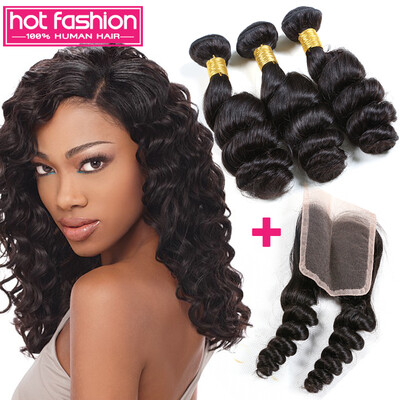 

8A Indian Loose Wave With Closure Indian Virgin Hair 3 Bundles With Closure Natural Black Cheap Hair With Closure Free Shipping