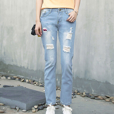 

Long Yue Women Korean College Wind Patch Buried Pants Jeans Pants LWKN172424 Light Blue L