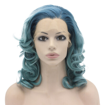 

16inch Shoulder Length Wavy Two Tone Green Ombre Lace Front Wig