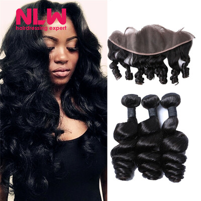 

N.L.W. 10A Brazilian virgin human hair 3 bundles with frontal Loose wave hair weaves with frontal