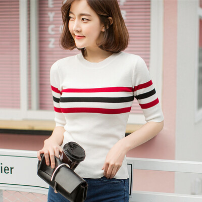 

VIVAHEART Korean casual striped T-shirt round neck Sleeve sweater T-shirt VWYC172450 White L