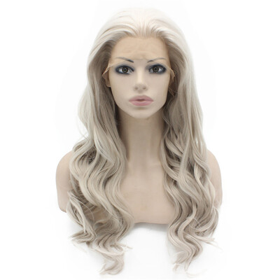 

Long Wavy Gray Blonde Hand Tied Synthetic Hair Natural Lace Front Wig