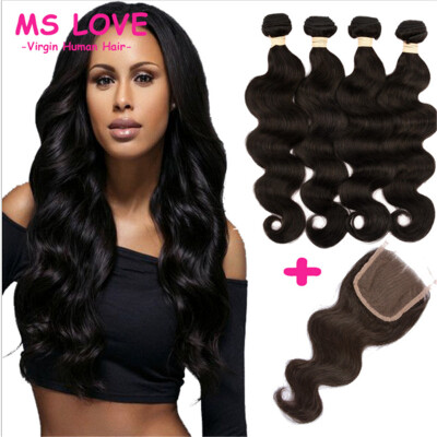 

Malaysian Body Wave With Three PartClosure Human Hair 4 Bundles With Lace Closures Malaysian Virgin Hair With Closure Grace Lengt