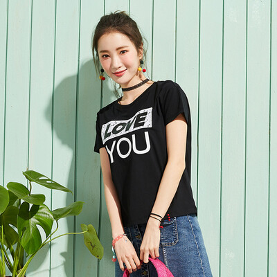 

Semir T-shirt summer ladies T-shirt round neck lace embroidery letters were thin 12216000213 black L