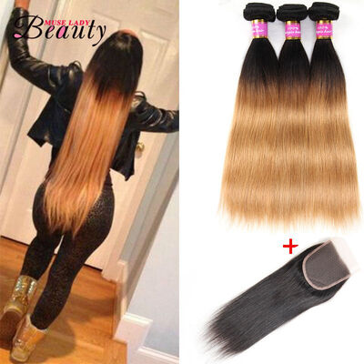 

Ombre Brazilian Hair T1B27 3 Bundles With Closure Muse Lady Beauty Hair Products Blonde Weave Bundles Brazilian Straight