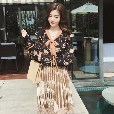 

sustory ladies 2017 spring small fresh casual floral horn sleeves chiffon shirt female Slim bow tie students student shirt tide SU056 orange collar M