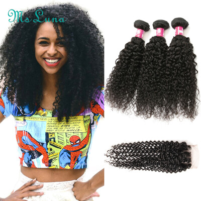 

7A Peruvian Virgin Hair With Closure 3pc TOP Hair Products With Closure Peruvian Kinky Curly Virgin Hair With Closure