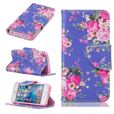 

Purple flowers Design PU Leather Flip Cover Wallet Card Holder Case for IPHONE 55S5SE
