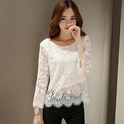 

A morning 2017 women&39s round neck short section large size hollow jacket lace nine points sleeve T shirt female autumn 036906 white L