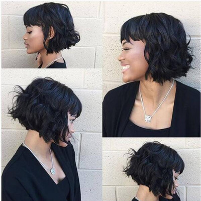 

8A New style virgin brazilian short lace front human hair wigs with bangs wavy glueless Lace front short bob wigs for black women