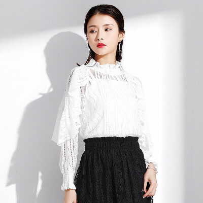 

MAZOE fashion ladies temperament lotus leaf lantern sleeves half high collar lace blouse shirt M009 white uniform