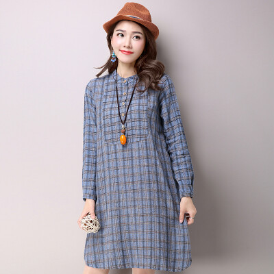 

JIANZHI JIANZHI 2017 Autumn Cotton&Mosaic Large Size Women&39s Dress Dresser Slim Simple Long Sleeve Solid Color Plaid Dress Female B8613 Blue