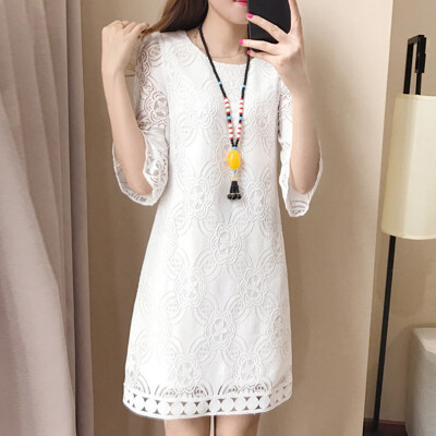 

Long Yue Women&39s hollow A word dress in the sleeves Slim lace wild skirt LWQZ173409 white M