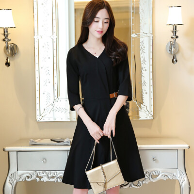 

A morning 2017 autumn women&39s waist was thin A word skirt female sleeves were thin profile skirt dress S71R0046 black L