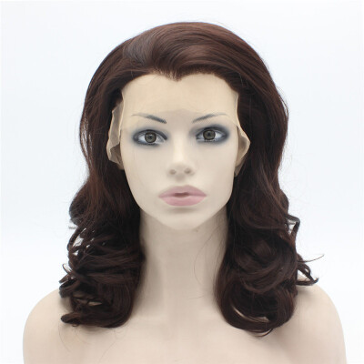 

16inch Shoulder Length Wavy Dark Auburn Natural Lace Front Synthetic Wig