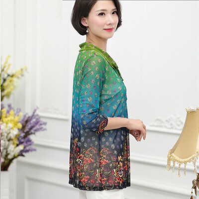 

Simple fox 2017 new mother loaded spring&summer T-shirt middle-aged women&39s 7 points sleeve in the long section of chiffon shirt green