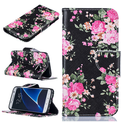 

Black flowers Design PU Leather Flip Cover Wallet Card Holder Case for SAMSUNG GALAXY S7