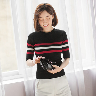 

VIVAHEART Korean casual striped T-shirt round neck Sleeve sweater T-shirt VWYC172450 White L