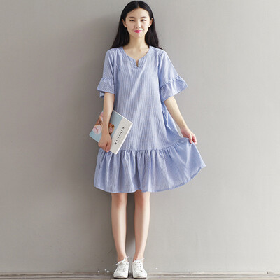 

City Plus CITYPLUS Sen Department of fresh literature&art retro wild striped loose college wind cotton&linen dress CWQZ173160 blue L