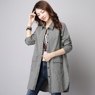 

JIANZHI JIANZHI 2017 Autumn Korean version of the large size was thin long sleeves loose long cotton&linen fashion shirt shirt B560 small grid XL