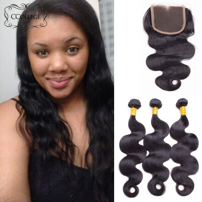 

CCollege Hair Brazilian Body Wave virgin hair with lace closure 1B Black hair weave 3 bundles with lace closure middle/free part