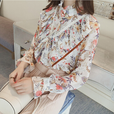 

sustory ladies 2017 spring wood ear edge retro floral chiffon shirt female trumpet sleeves casual Slim printing down shirt SU052 white