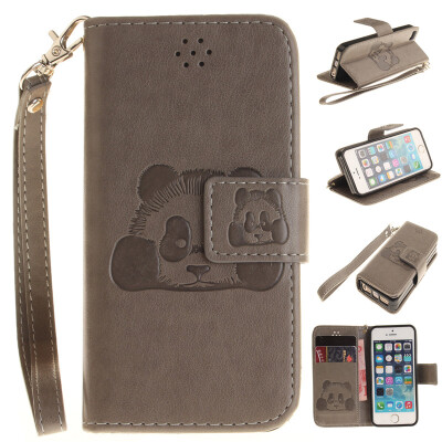 

Gray Panda Style Embossing Classic Flip Cover with Stand Function and Credit Card Slot for IPHONE 5/5S/5SE