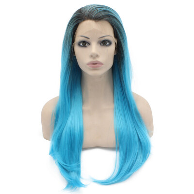 

Long Straight Hand Tied Lace Front Dark Root Ombre Blue Two Tone Wig