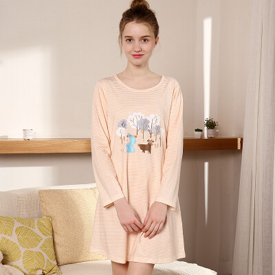 

Red beans home Hodohome pajamas women spring&autumn cotton striped cartoon long sleeves sleep dress 012 yellow 160 84A