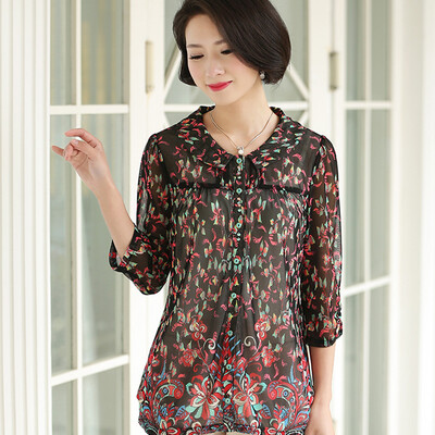 

Simple fox 2017 new middle-aged women spring chiffon shirt shirt mother spring&summer clothing T-shirt black&red flower