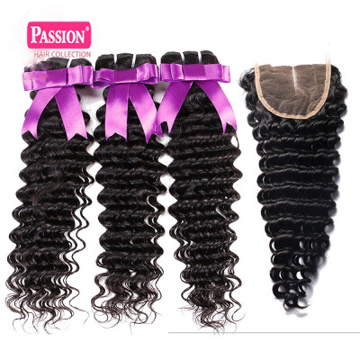 

8A Brazilian Deep Wave Bundles With Closure Passion Hair Products Human Virgin Hair Brazilian Deep Wave With Closure4×4inch