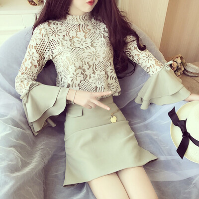 

sustory Women&39s 2017 Japanese Style Collar Embroidery Lace Stitching Mesh Double Layer Flute Sleeve Bunny Half Skirt Two Piece Spring SU075 Light Green