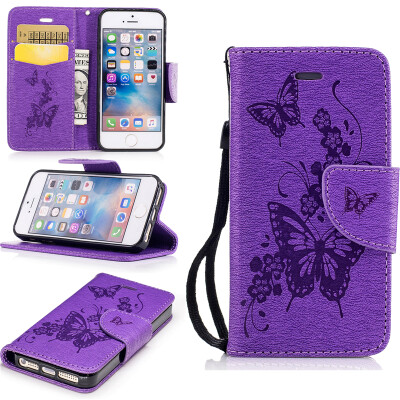 

Purple Butterfly Style Embossing Classic Flip Cover with Stand Function and Credit Card Slot for IPHONE 5/5S/5SE