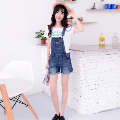 

VIVAHEART Siamese Belt Jeans Short Pants Straight Loose Trousers Pants VWKN174246 Blue