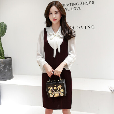 

Yutang morning 2017 spring Korean long-sleeved big-size dress female temperament wild commuter suit skirt S71R0263A3L wine red