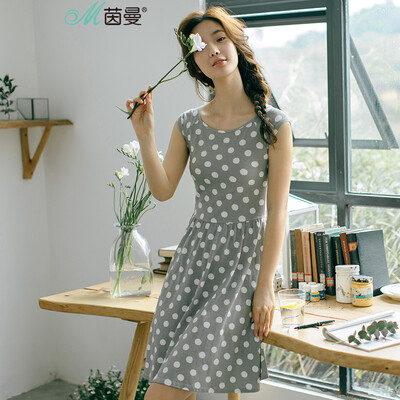 

(INMAN) 2017 летние новые хлопчатобумажные полосы с короткими рукавами Slim dress women's wave point gray S 1872102173
