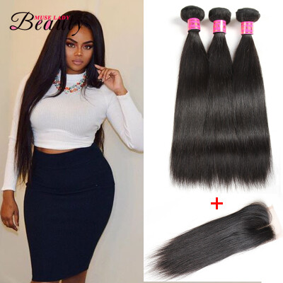 

Muse Lady Beauty Malaysian Human Hair Extension Straight Virgin Human Hair Weaves 3 Bundles Lot with Closure