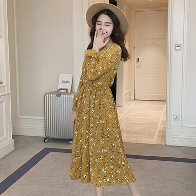 

Longyue Women Floral Chiffon Long Sleeve Dress Butterfly Tie With Slim Slim Long Skirt LWQZ172117 Yellow L