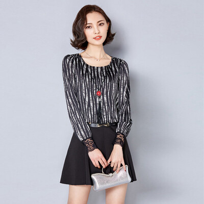 

Xian Ya fashion Slim temperament was thin Korean version of the striped round neck collar splicing bottom dress female zxTSA7510 black