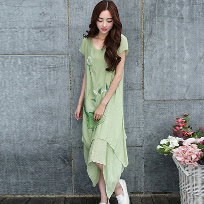 

Sibai homes 2017 Chinese wind summer large size women&39s dress fashion loose loose short-sleeved long skirt S62Q0023A4S green