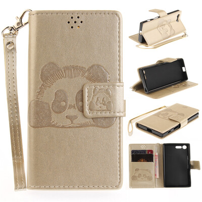 

Gold Panda Style Embossing Classic Flip Cover with Stand Function and Credit Card Slot for SONY Xperia X Compact/X Mini