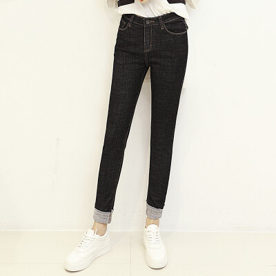 

KuoyiHouse 910 2017 new jeans female flanging nine pants black new high waist Slim thin thin side students wild little pants black 25